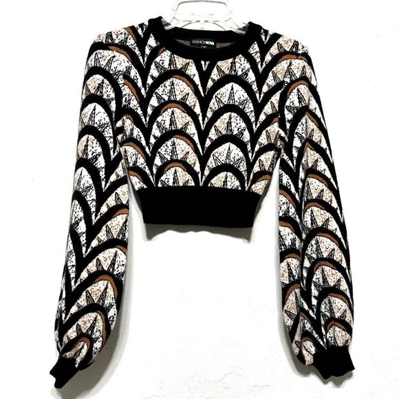 Fashion Nova Sweater Cropped Don't Try So Celestial Puff Sleeve Women sz Medium - Picture 1 of 7